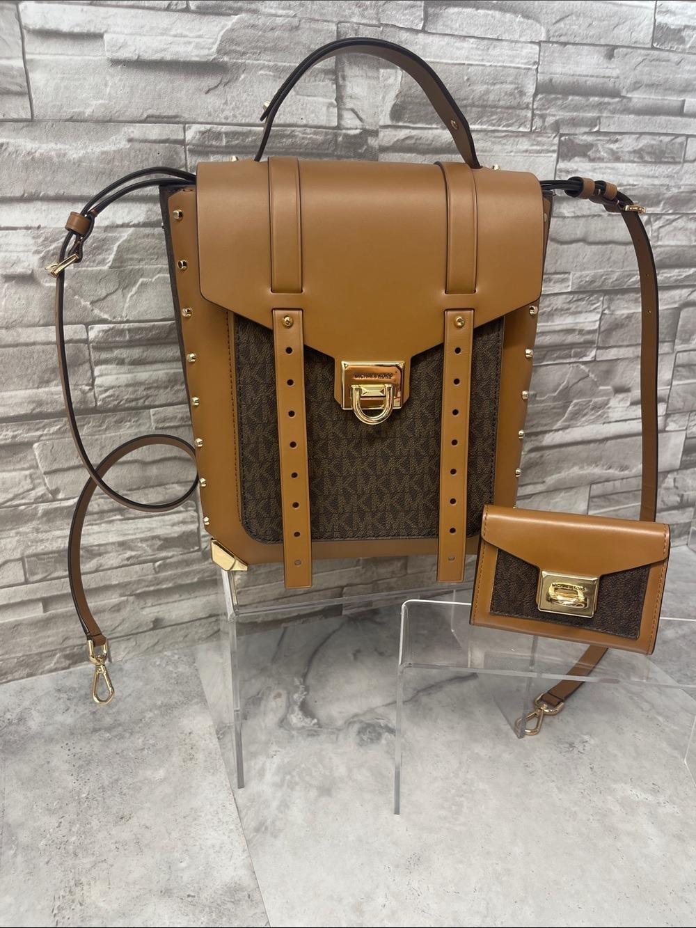 Michael Kors Manhattan Backpack Satchel & Matching Wallet Brown MK Logo - Picture 2 of 15